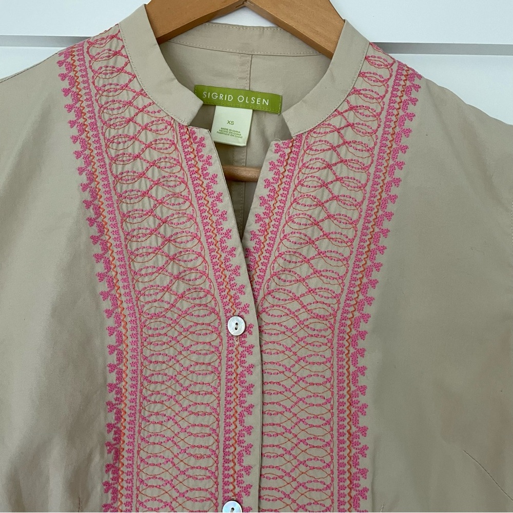 Sigrid Olsen Tan Tunic with Pink and Orange Embroidery Size XS